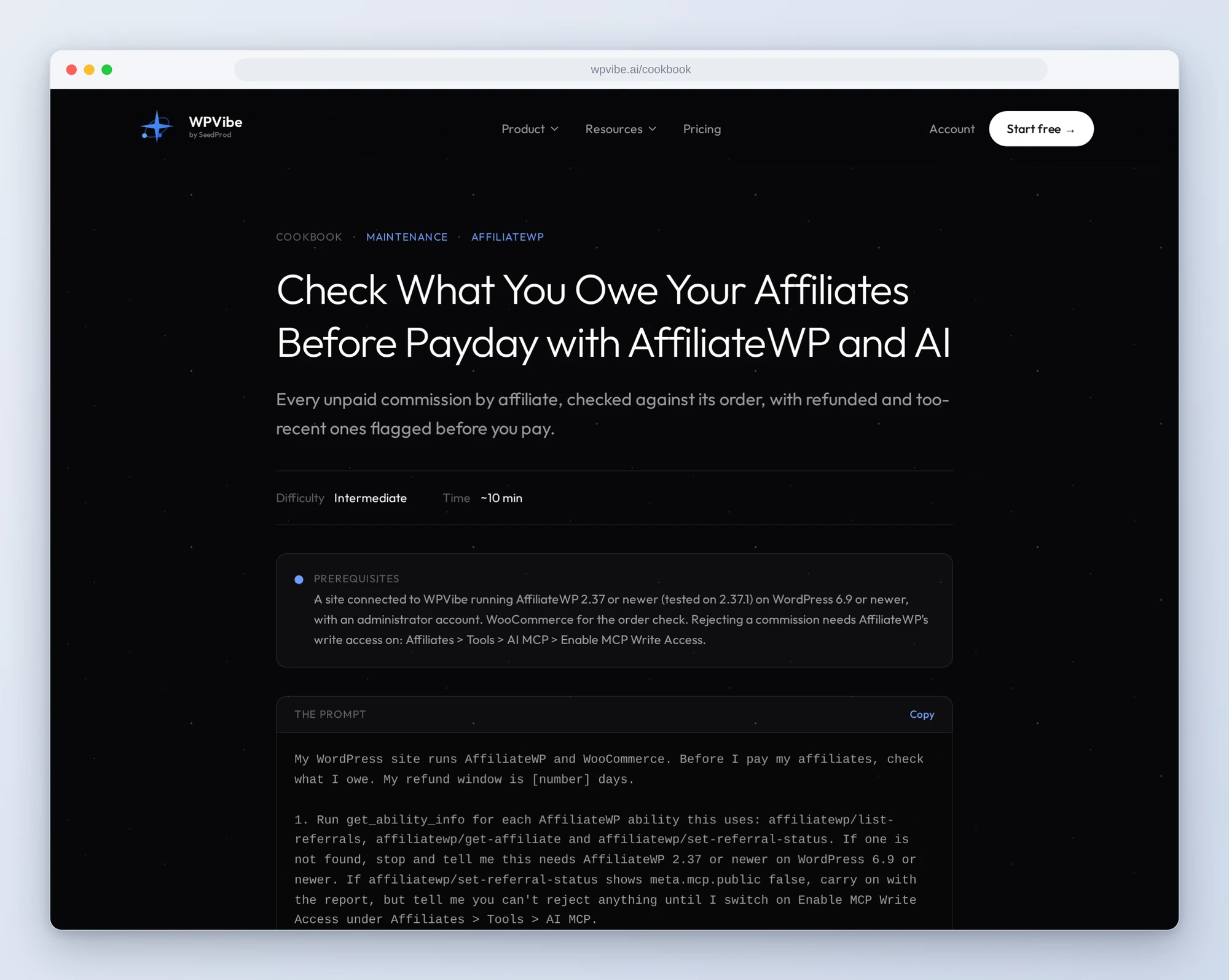 The Check What You Owe Your Affiliates Before Payday recipe on wpvibe.ai, with its prerequisites and the start of the copy-paste prompt