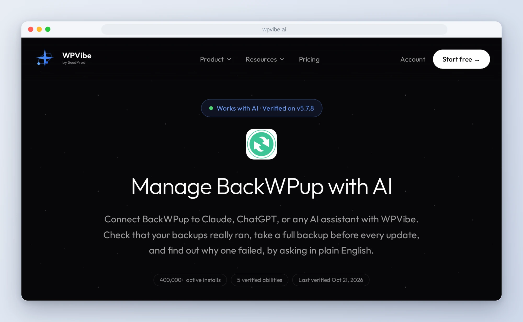 The BackWPup works-with page on wpvibe.ai: verified on v5.7.8, 5 verified abilities