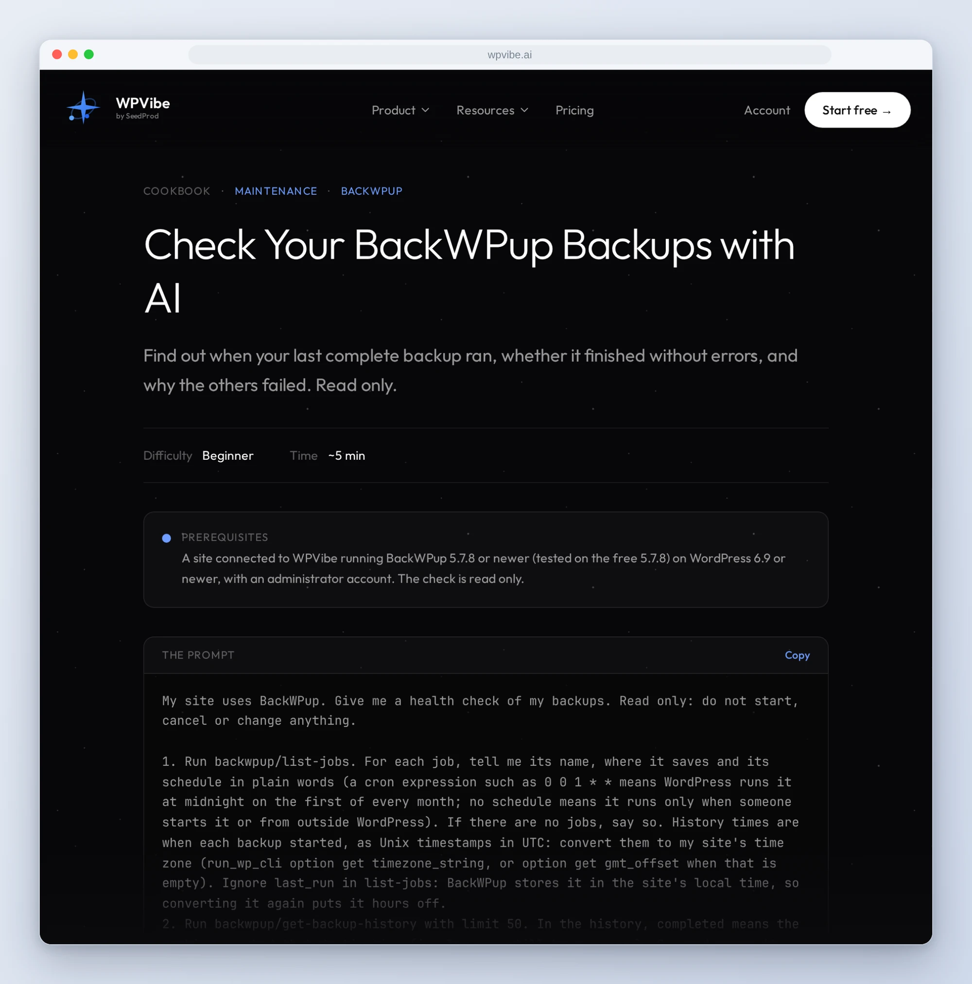 The Check Your BackWPup Backups with AI recipe on wpvibe.ai, with its copy-paste prompt