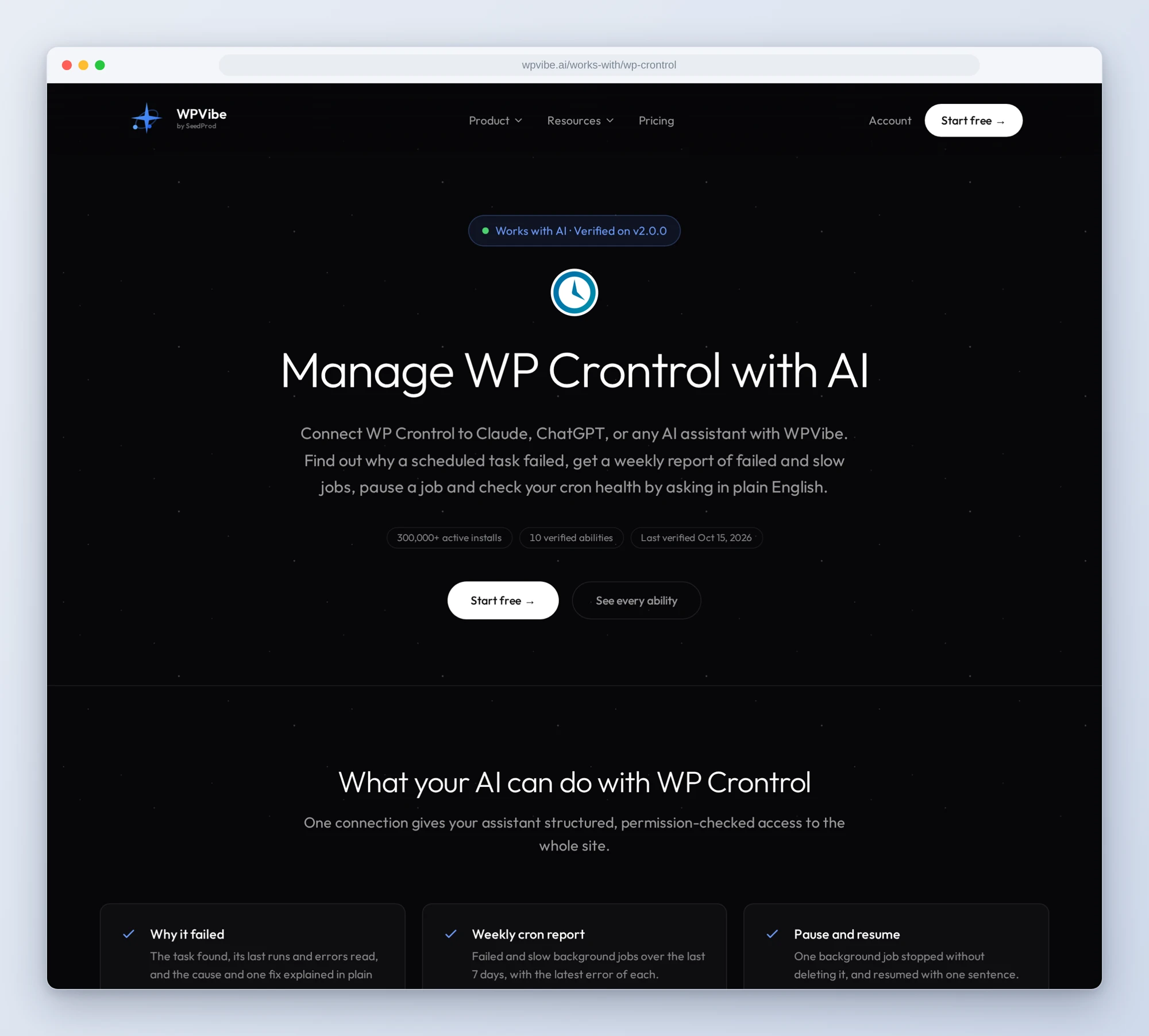 The WP Crontrol works-with page on wpvibe.ai: verified on v2.0.0, 300,000+ active installs, 10 verified abilities
