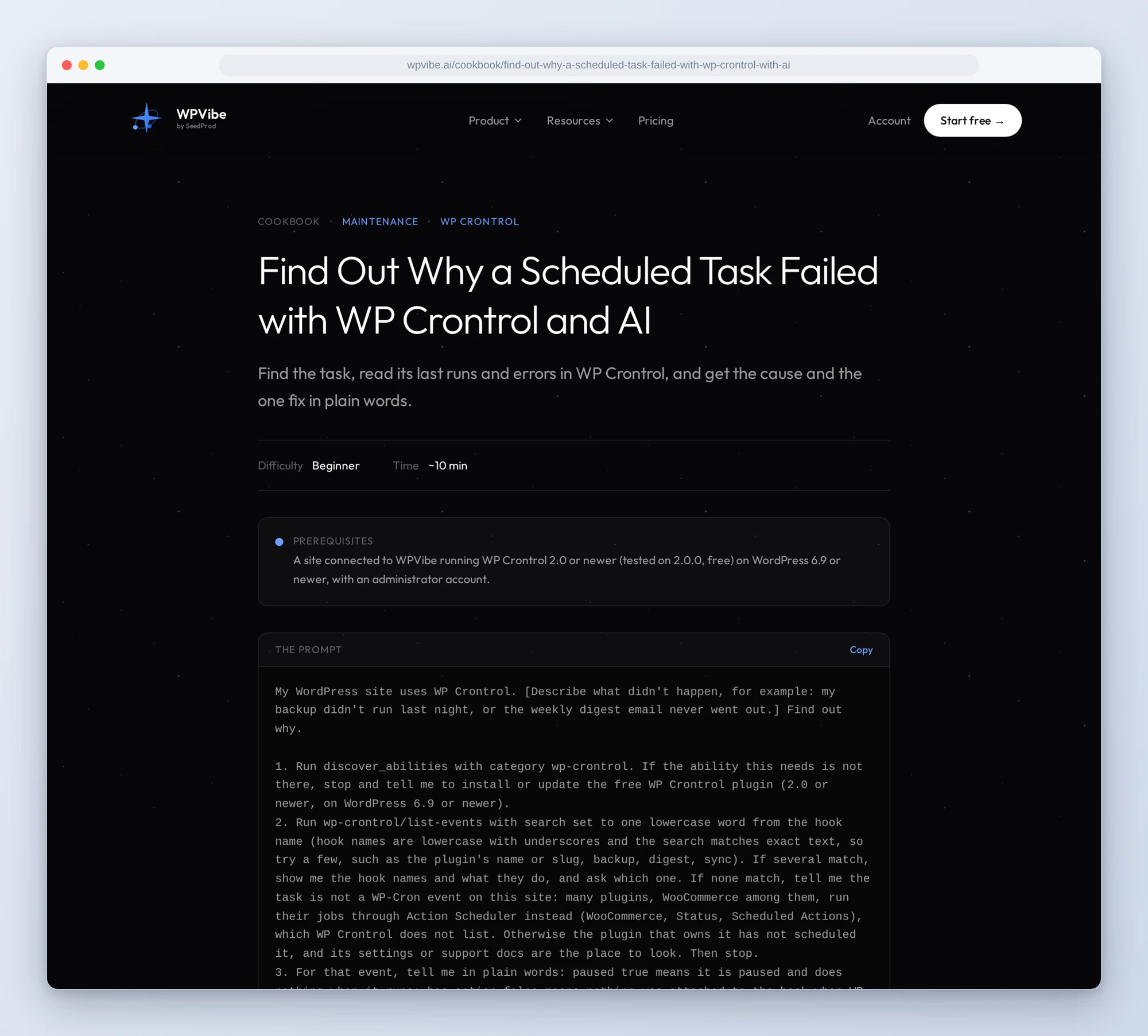 The Find Out Why a Scheduled Task Failed recipe on wpvibe.ai, with its prerequisites and the start of the copy-paste prompt