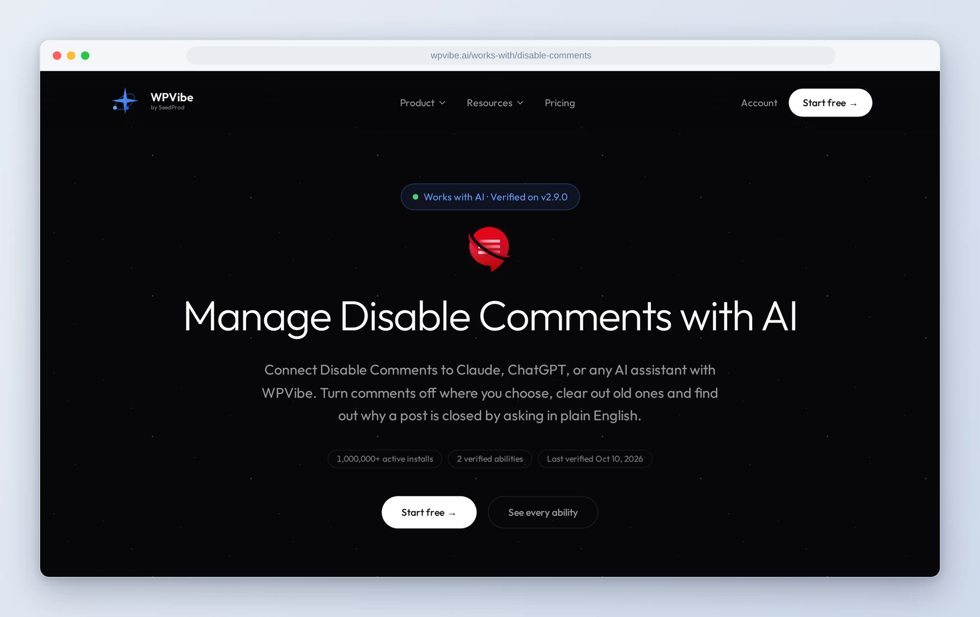 The Manage Disable Comments with AI page on wpvibe.ai, verified on v2.9.0 with 2 verified abilities