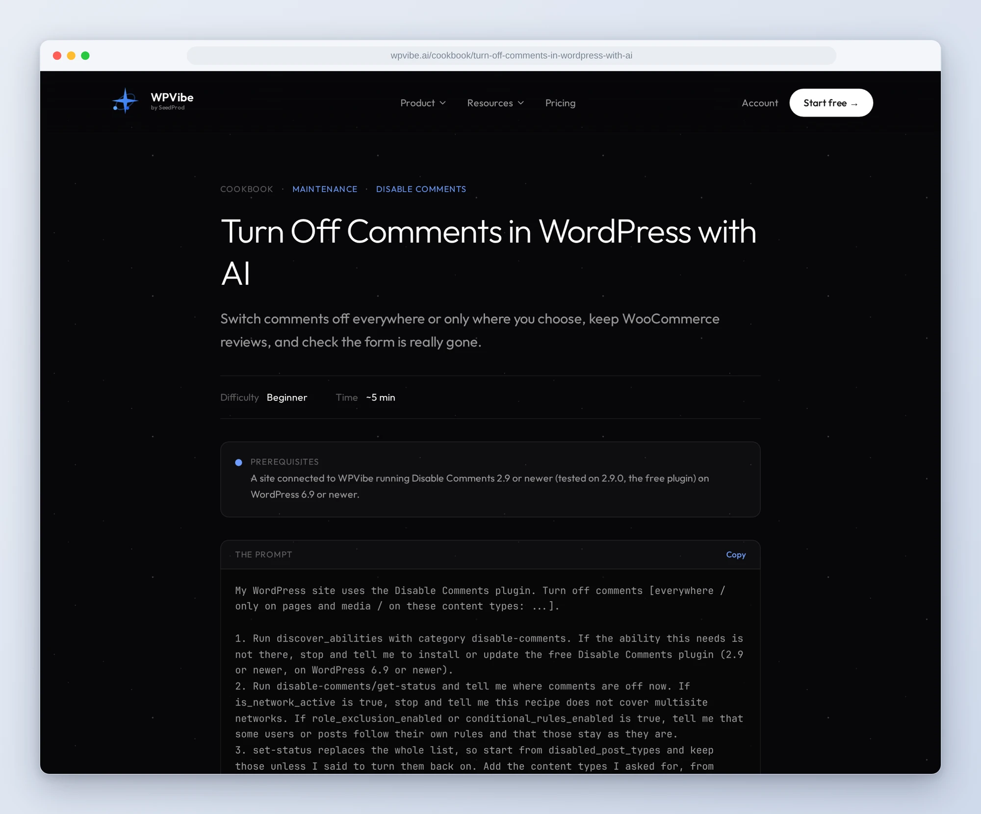 The Turn Off Comments in WordPress with AI recipe on wpvibe.ai, with its prerequisites and the copy-paste prompt