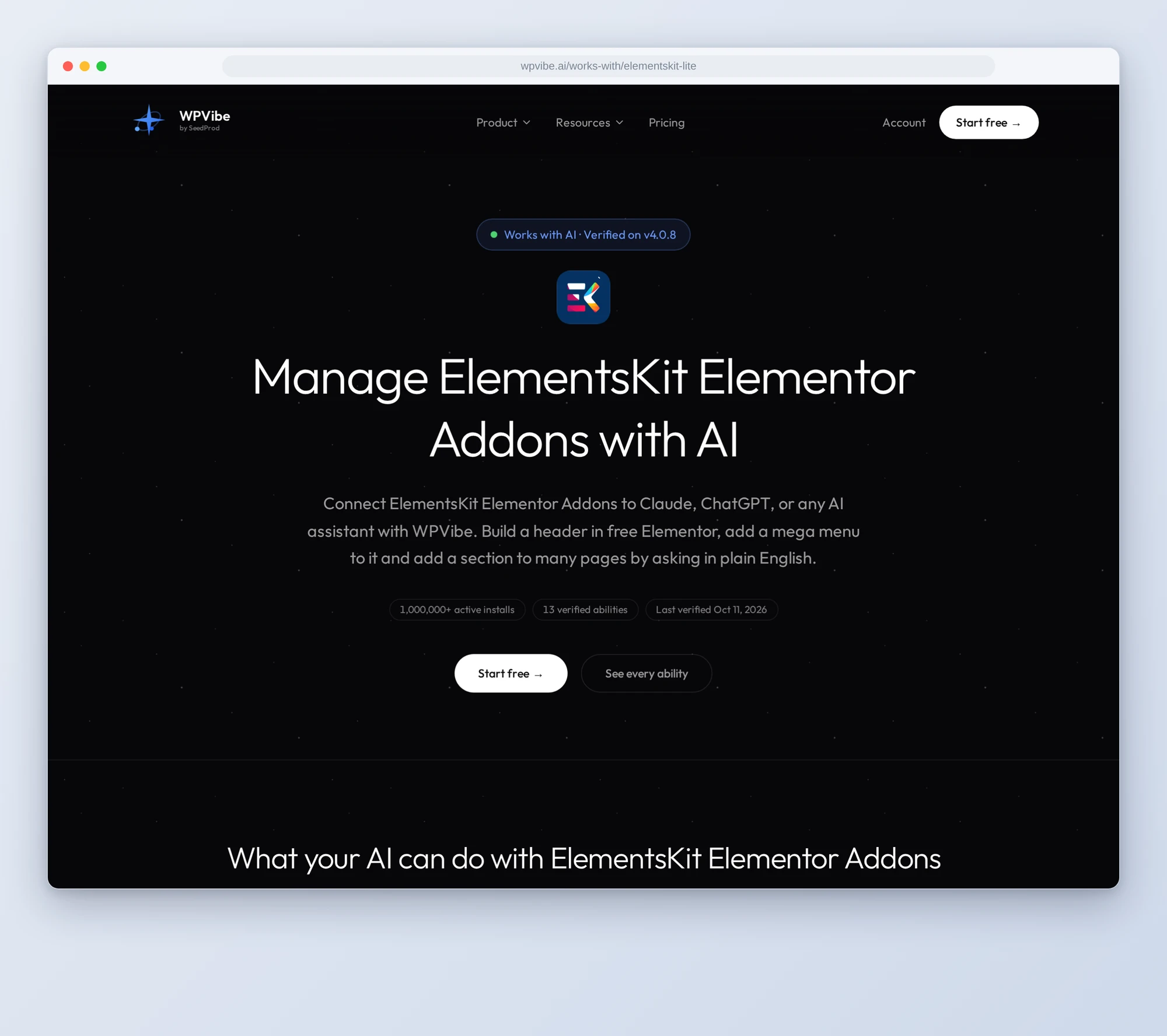 The Manage ElementsKit Elementor Addons with AI page on wpvibe.ai, verified on v4.0.8 with 13 verified abilities