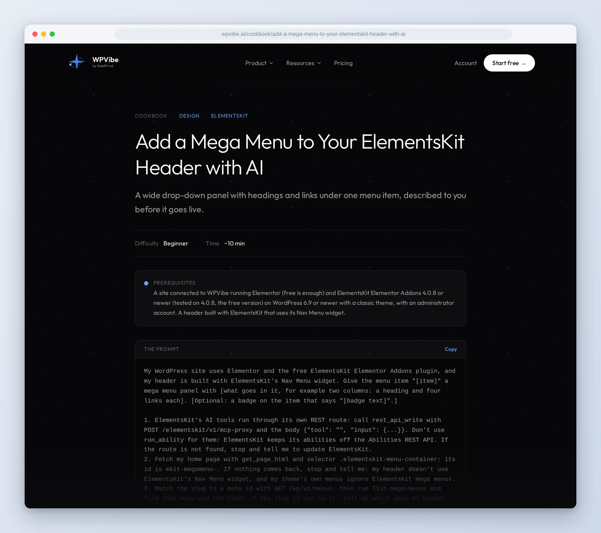 The Add a Mega Menu to Your ElementsKit Header with AI recipe on wpvibe.ai, with its prerequisites and the copy-paste prompt