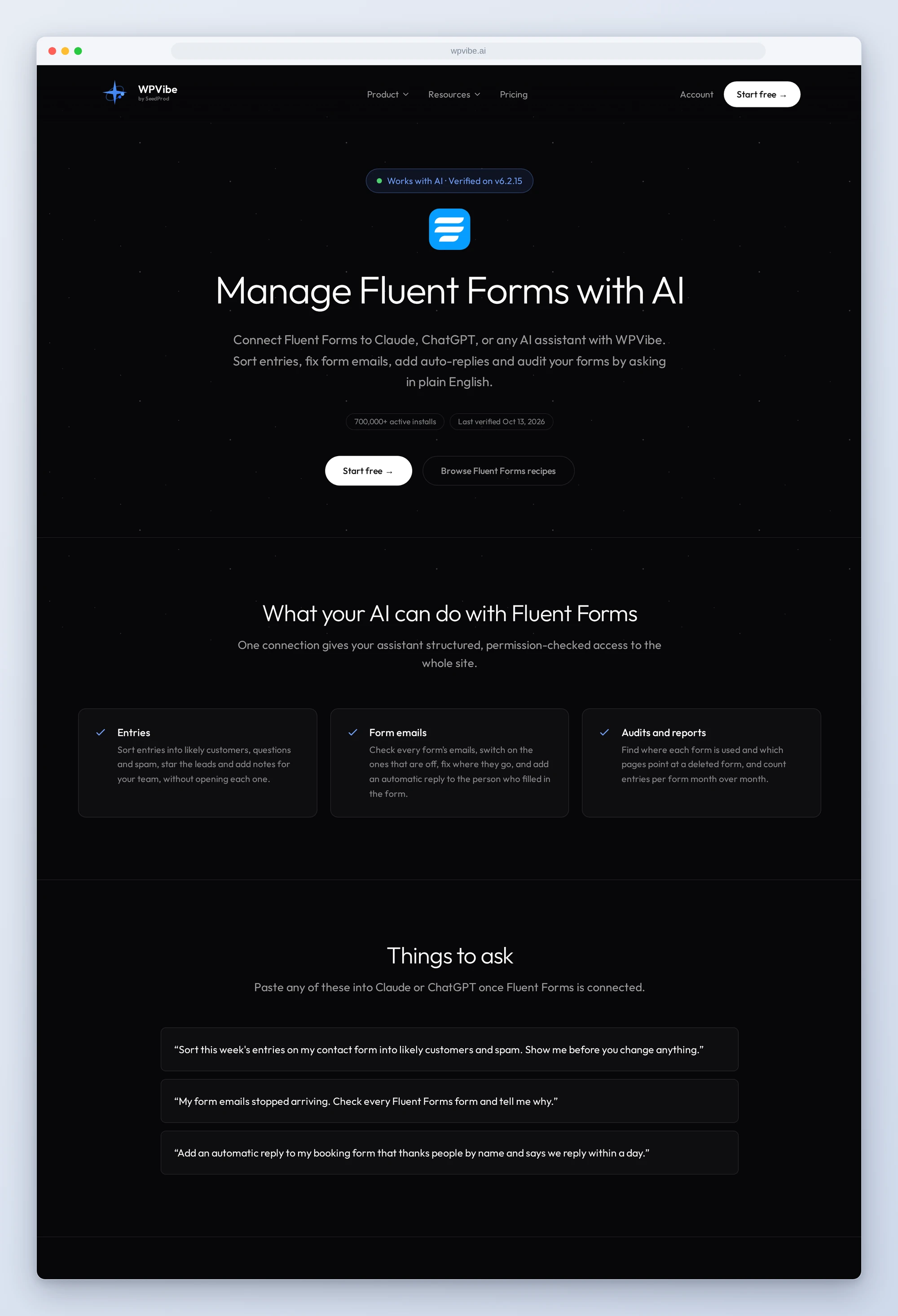 The Manage Fluent Forms with AI page on wpvibe.ai, verified on v6.2.15, with what your AI can do and three things to ask