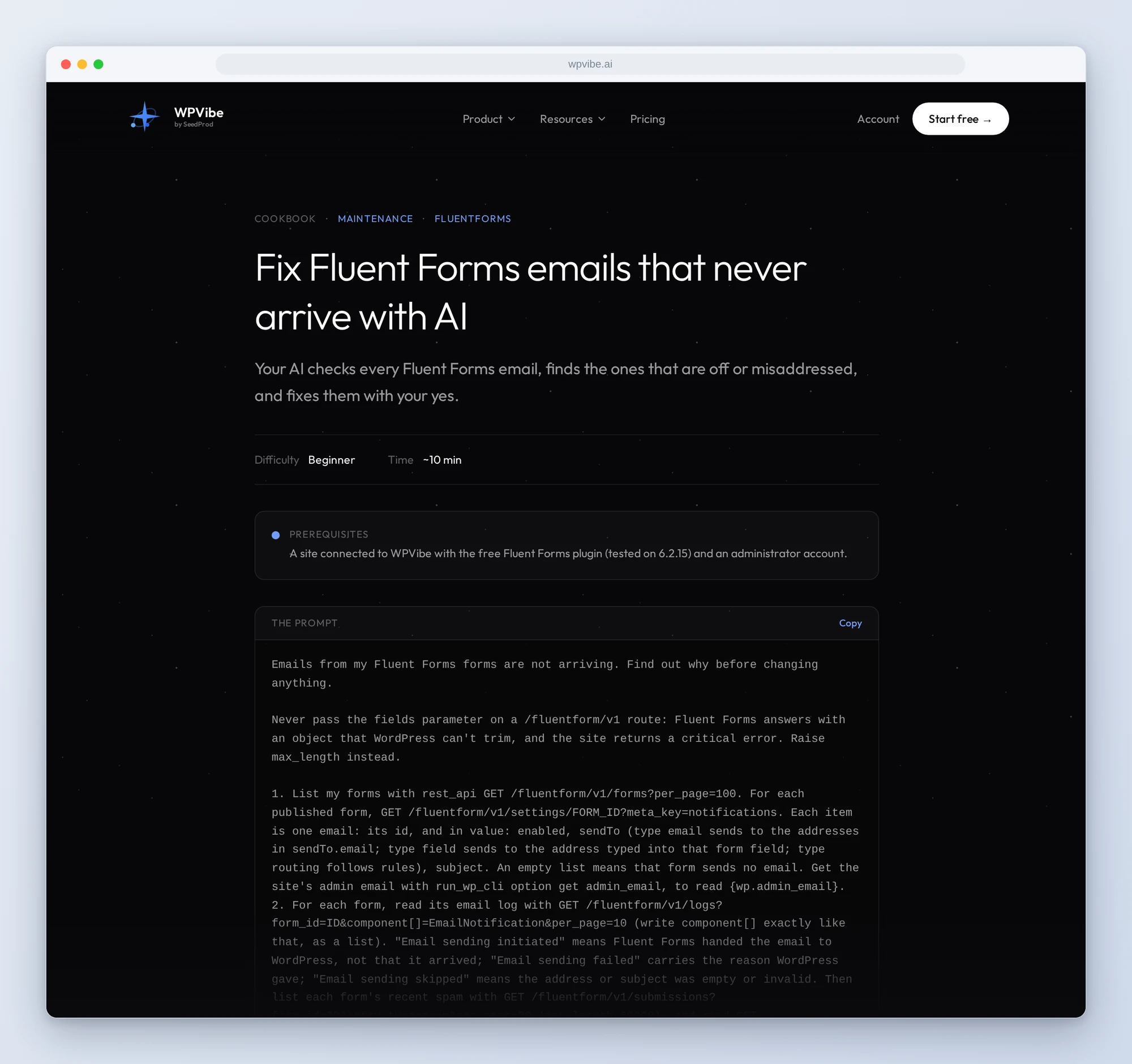 The Fix Fluent Forms Emails That Never Arrive with AI recipe on wpvibe.ai, with its prerequisites and the copy-paste prompt