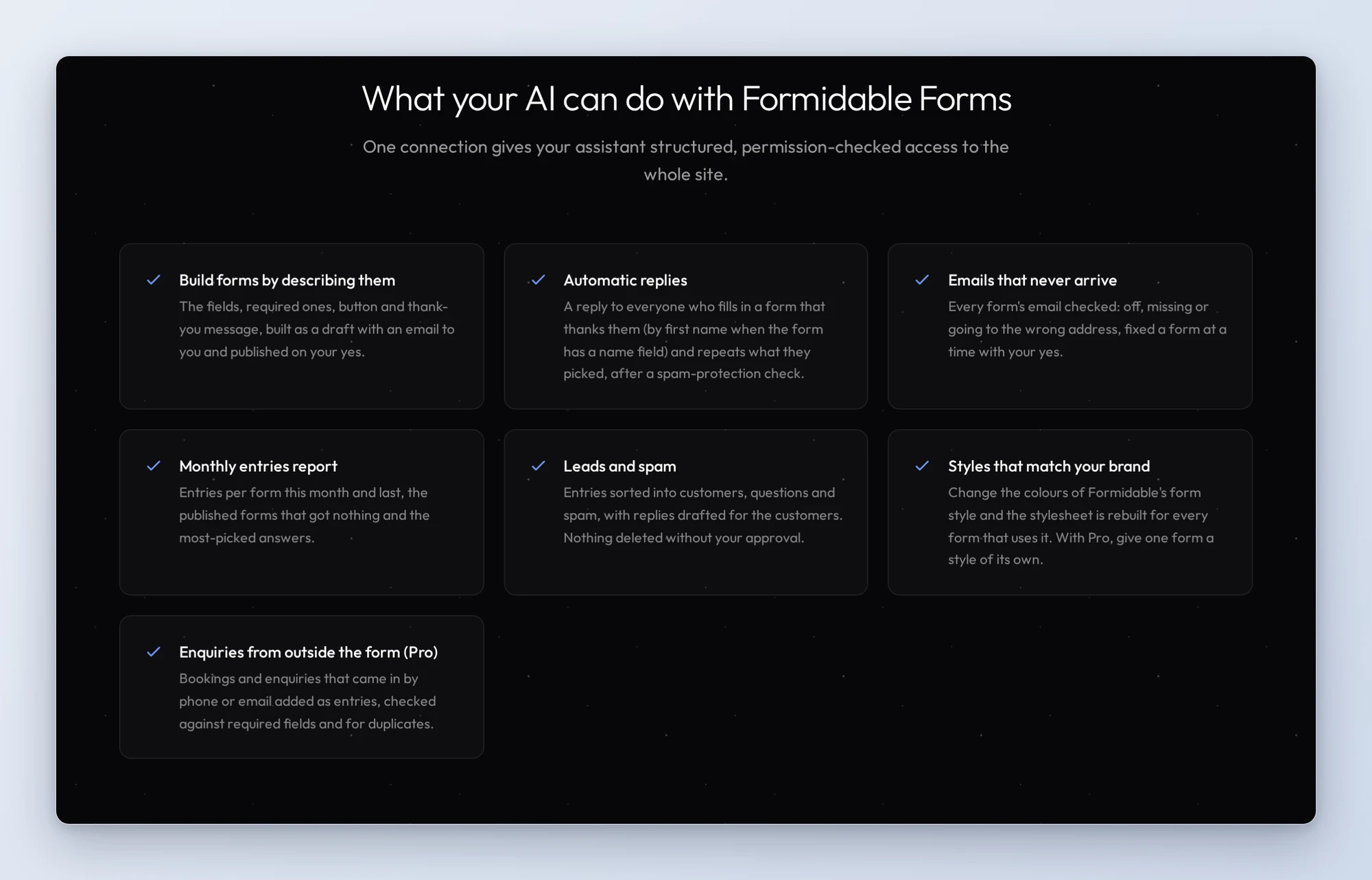 What your AI can do with Formidable Forms on wpvibe.ai: build forms, automatic replies, emails that never arrive, monthly report, leads and spam, styles and enquiries from outside the form
