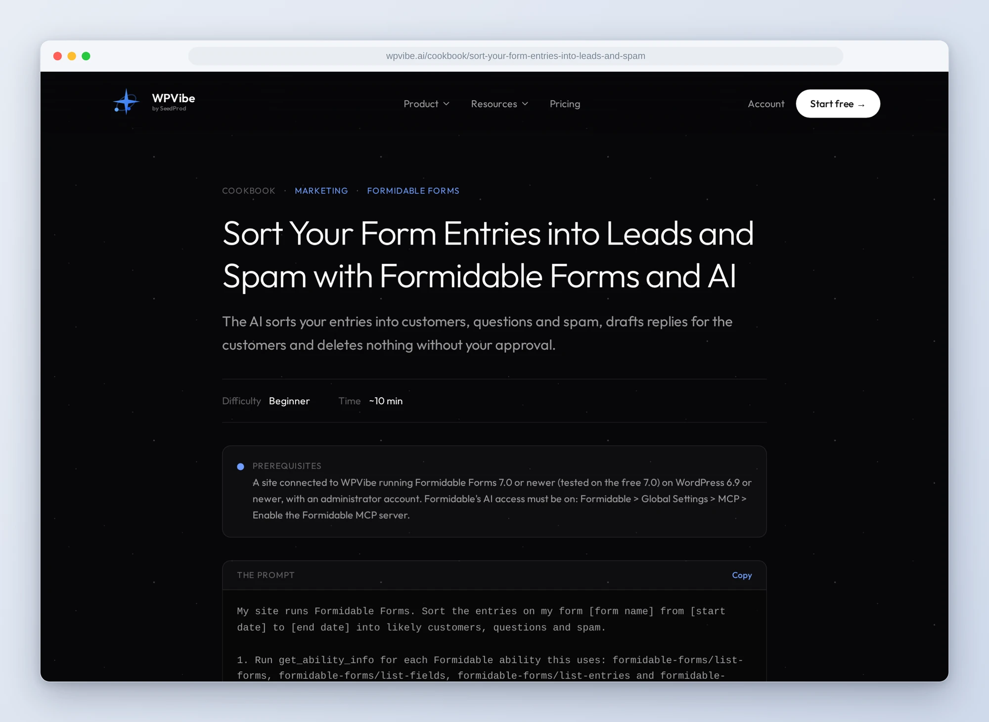 The Sort Your Form Entries into Leads and Spam recipe on wpvibe.ai, with its prerequisites and the start of the copy-paste prompt