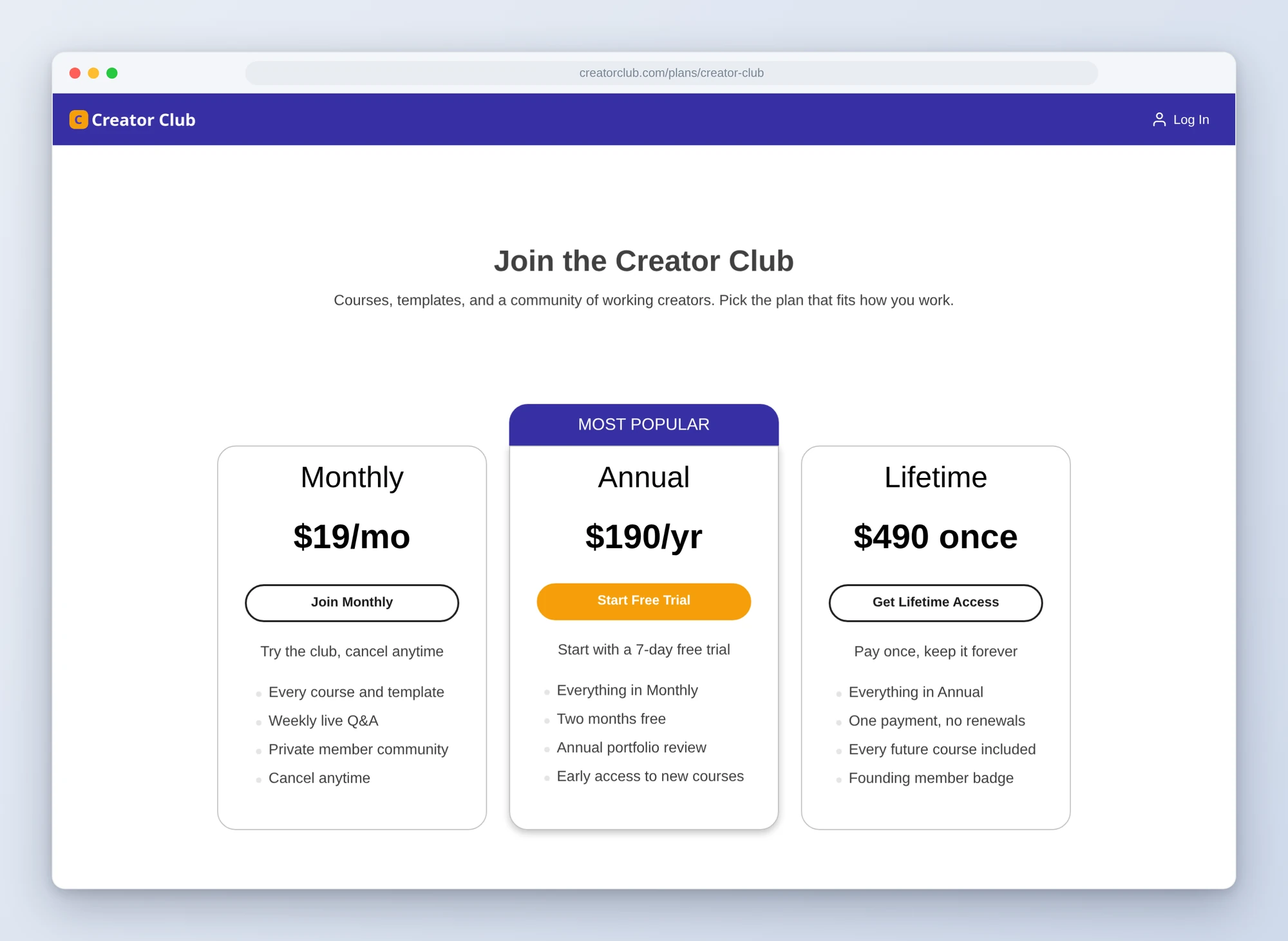 A MemberPress pricing page for Creator Club with three plans: Monthly at $19 a month, Annual at $190 a year with a 7-day free trial marked Most Popular, and Lifetime at $490 once, each with its list of benefits
