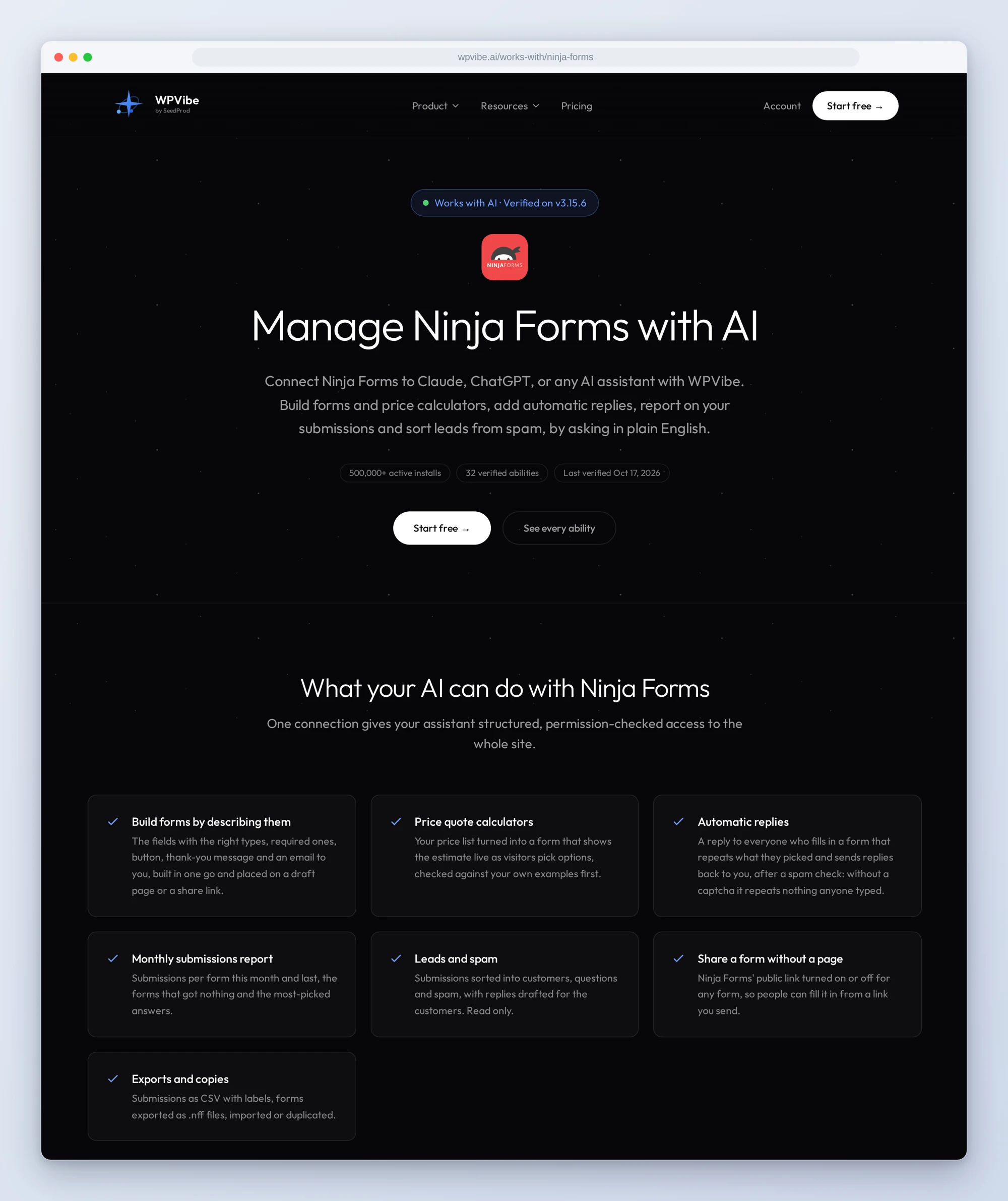 The Ninja Forms works-with page on wpvibe.ai: 32 verified abilities and what your AI can do
