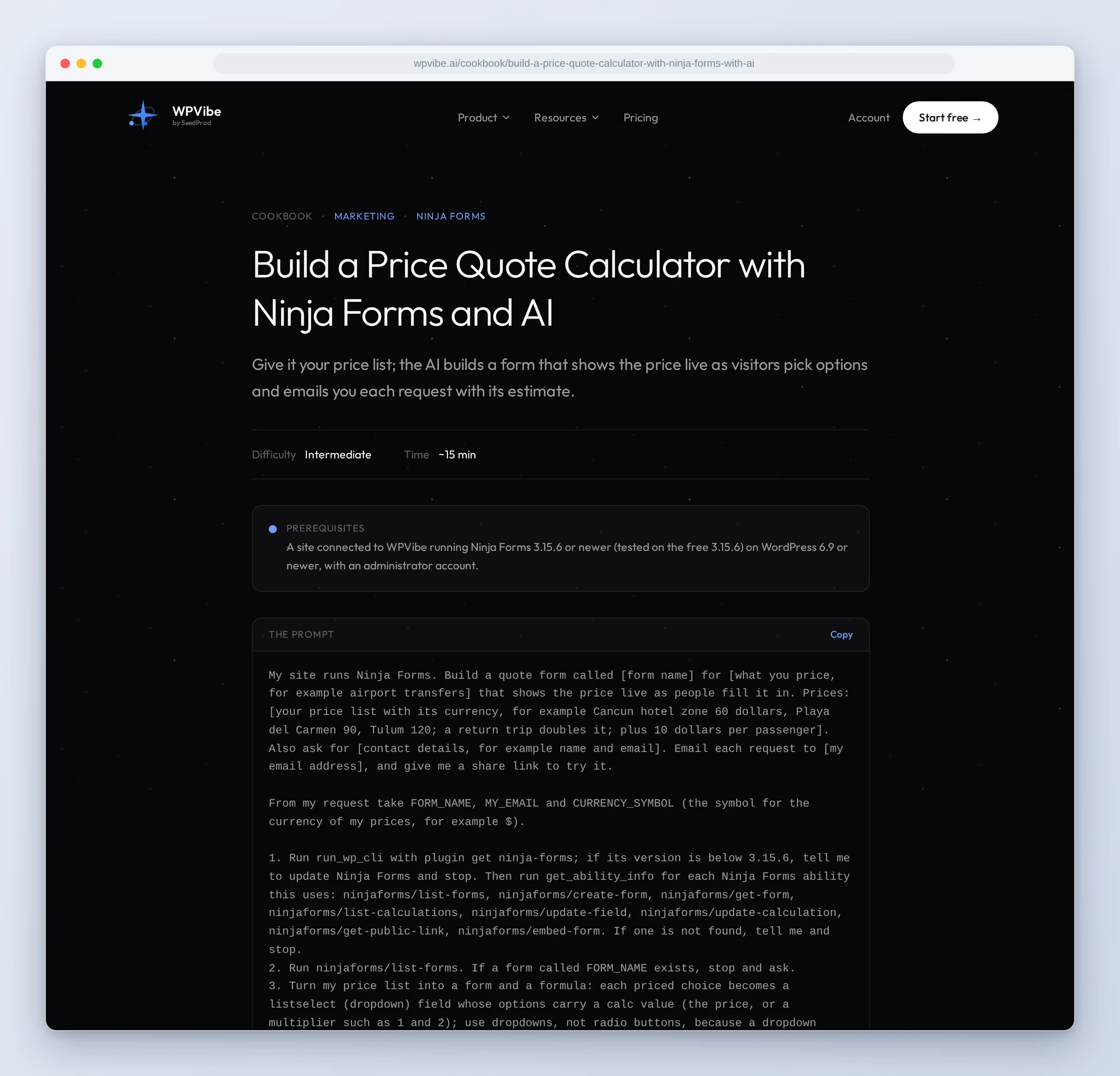 The Build a Price Quote Calculator with Ninja Forms and AI recipe on wpvibe.ai