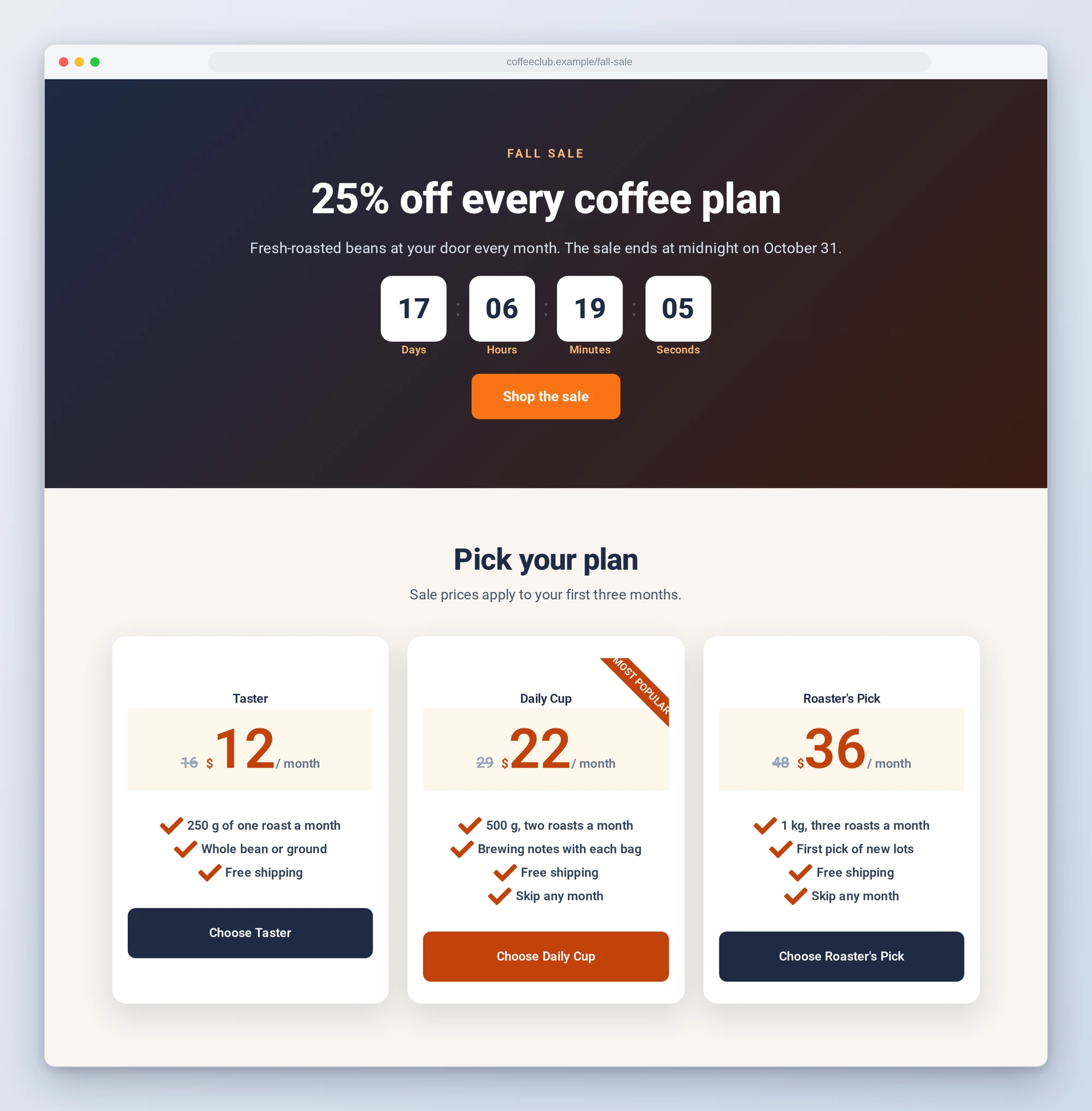A Fall Sale page built in free Elementor with Premium Addons: a countdown to October 31, a Shop the sale button and three coffee plans with old prices crossed out and a Most popular ribbon