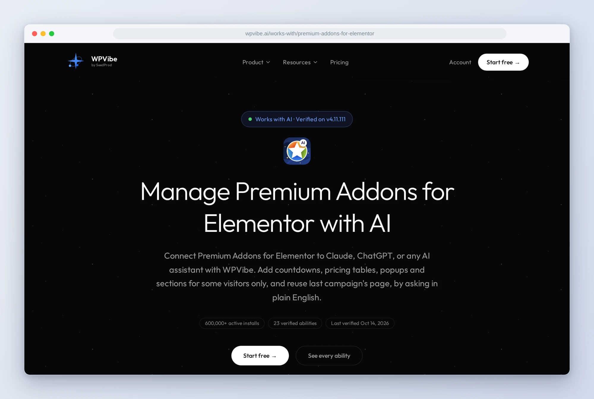 The Manage Premium Addons for Elementor with AI page on wpvibe.ai, verified on v4.11.111, with 23 verified abilities