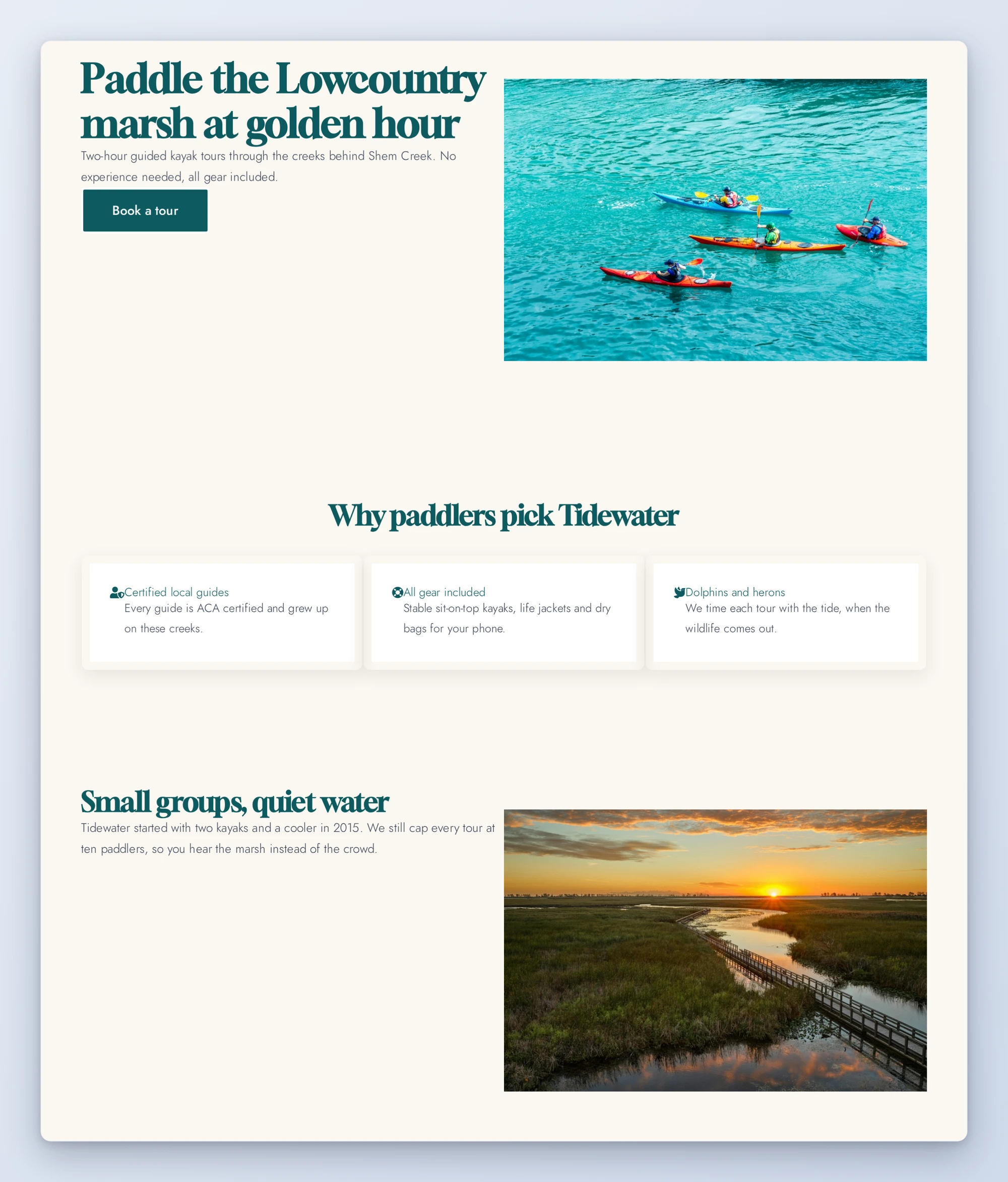 A Pagelayer landing page for a kayak tour business built with the recipe's steps on our test site: hero with photo and button, three feature cards, and an about section with a marsh photo