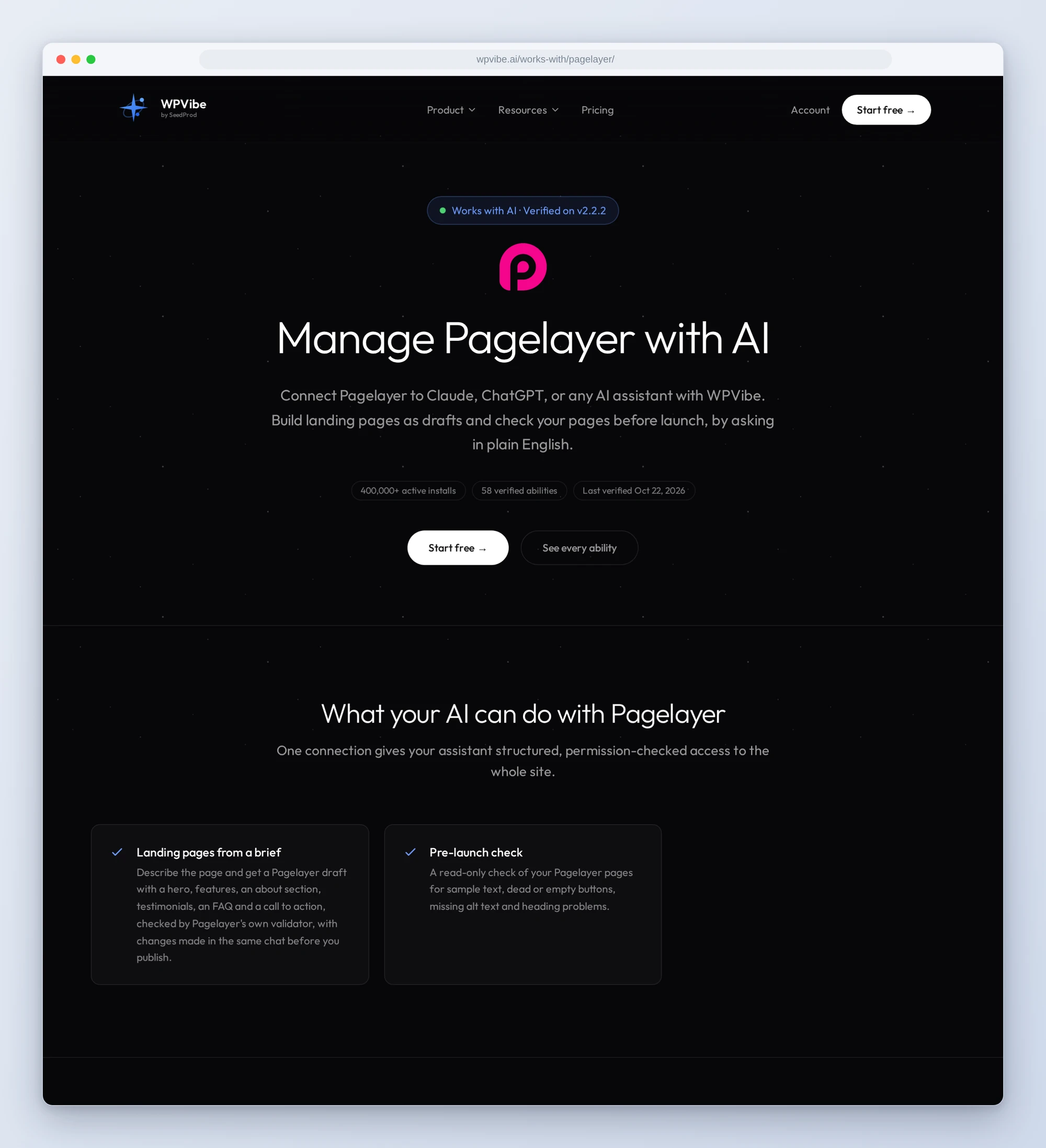 The Pagelayer works-with page on wpvibe.ai: verified on v2.2.2, 58 verified abilities