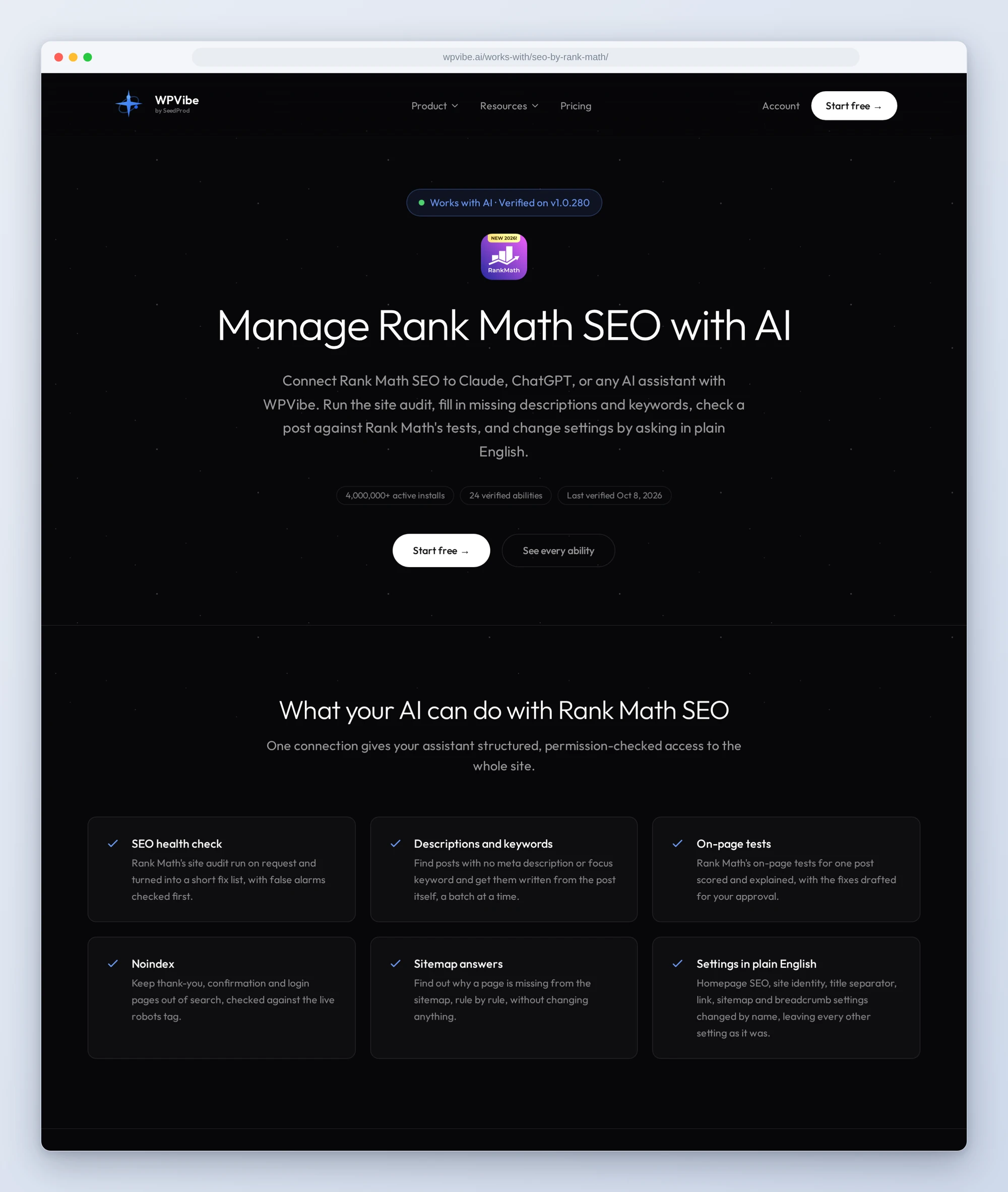The Manage Rank Math SEO with AI page on wpvibe.ai, verified on Rank Math 1.0.280 with 24 verified abilities, and six cards: SEO health check, descriptions and keywords, on-page tests, noindex, sitemap answers, settings in plain English