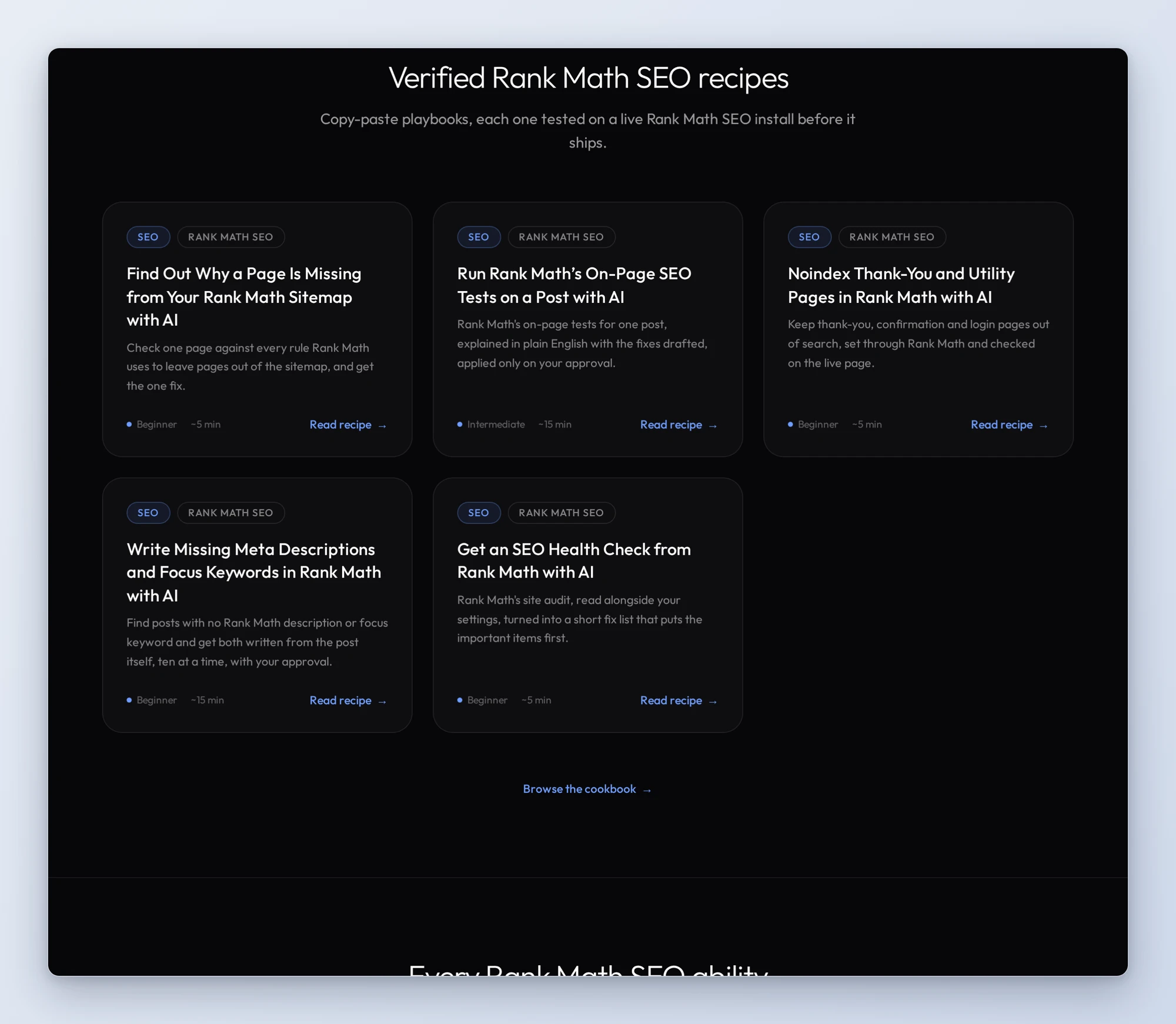 Five verified Rank Math SEO recipe cards on wpvibe.ai: sitemap, on-page SEO tests, noindex utility pages, missing meta descriptions and focus keywords, SEO health check