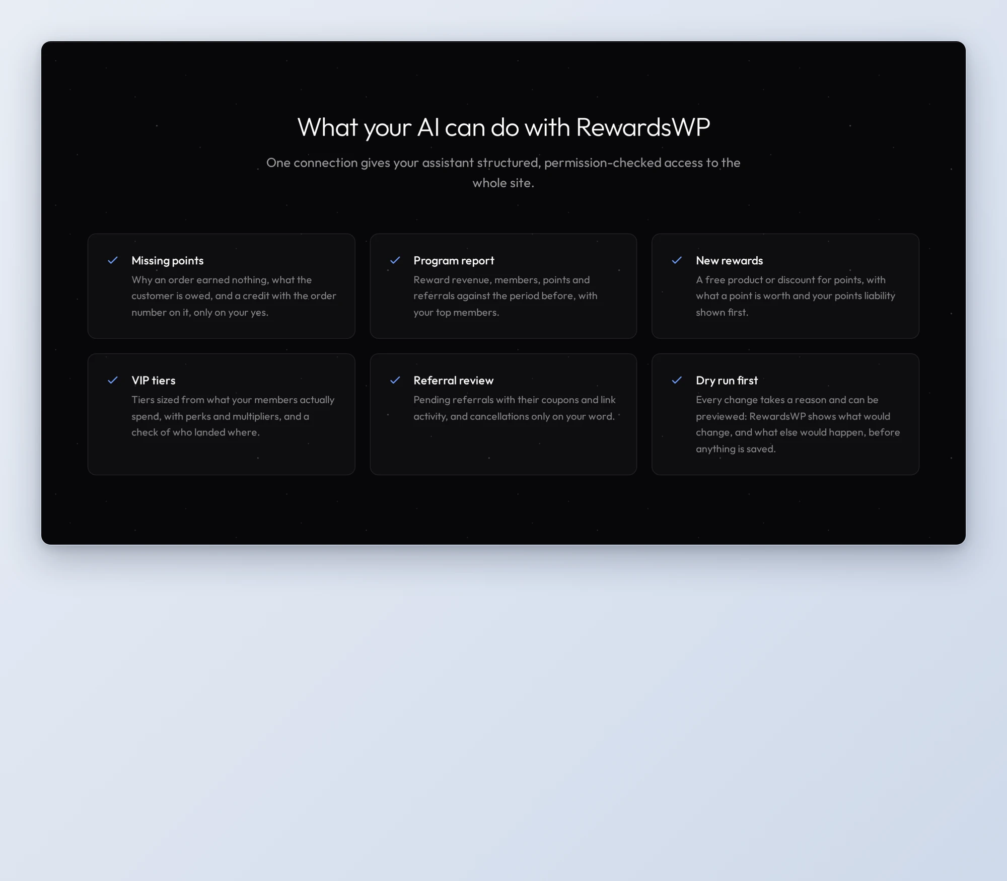 What your AI can do with RewardsWP on wpvibe.ai: missing points, program report, new rewards, VIP tiers, referral review and dry run first