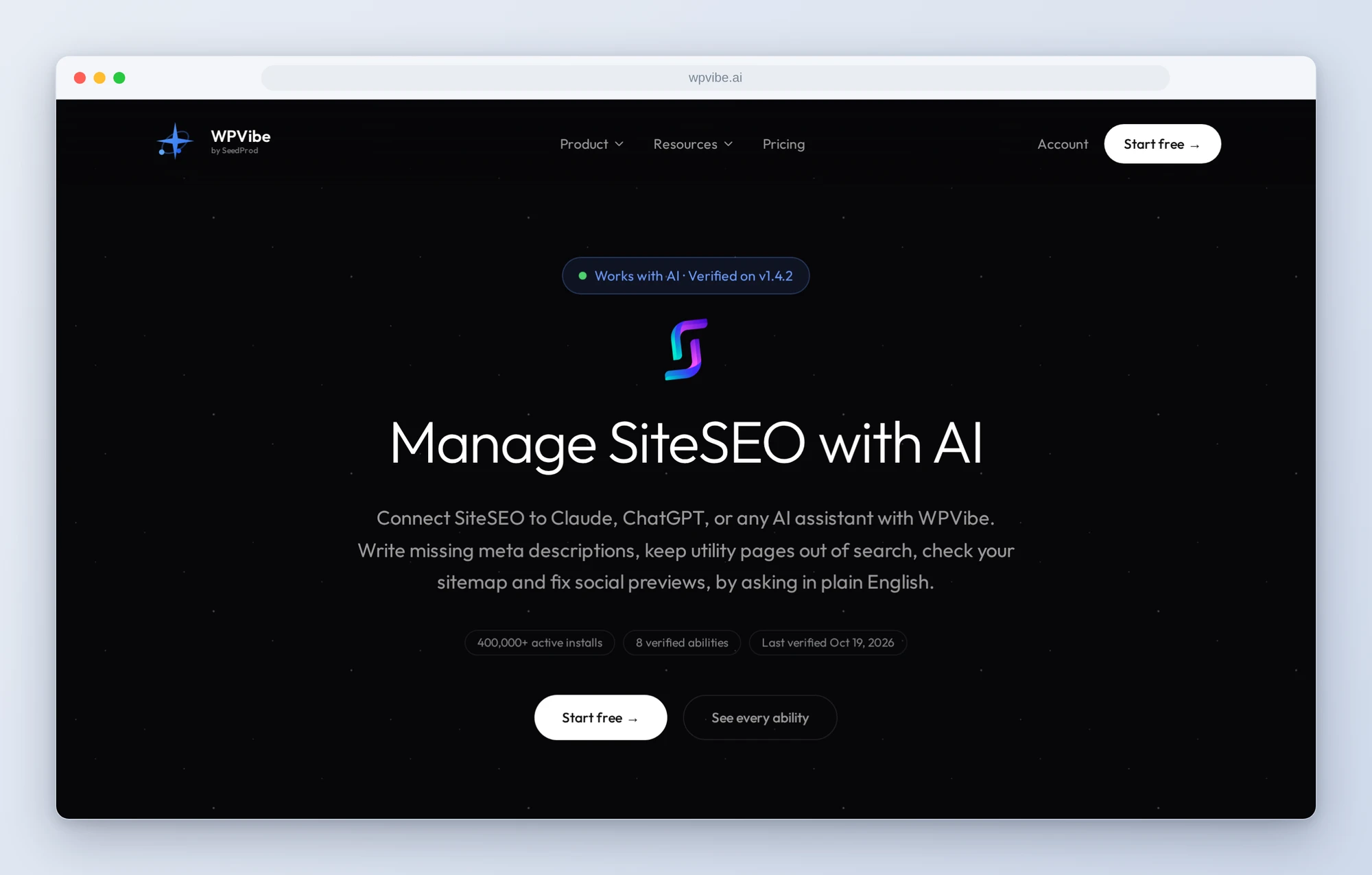 The SiteSEO works-with page on wpvibe.ai: verified on v1.4.2, 8 verified abilities