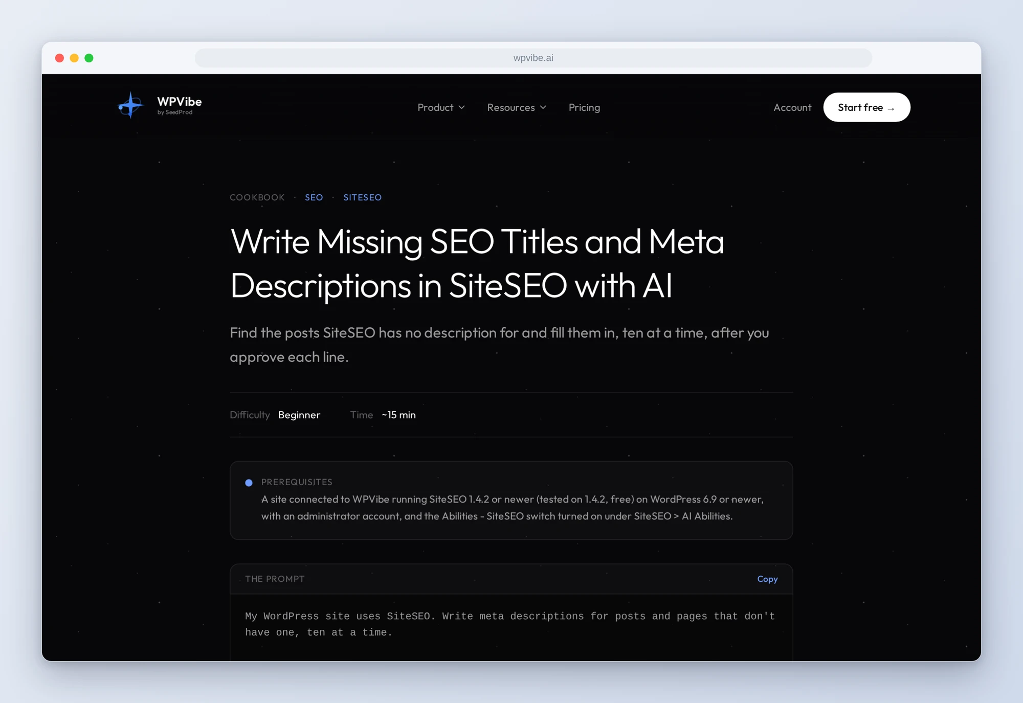 The Write Missing SEO Titles and Meta Descriptions in SiteSEO recipe on wpvibe.ai