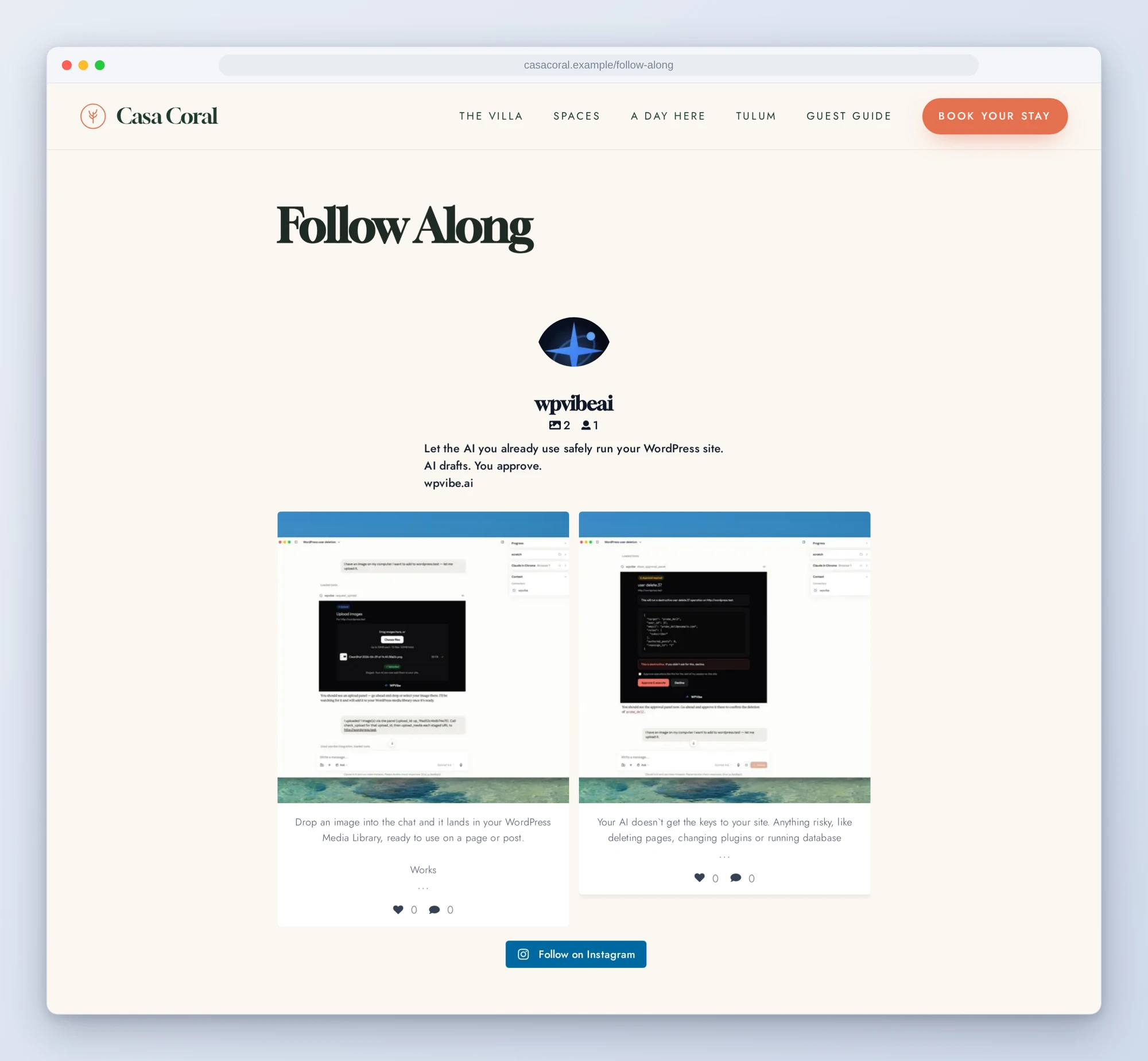 A Follow Along page on a demo villa site showing an Instagram feed: the wpvibeai account header with its bio, two posts in a two-column card grid with captions, and a Follow on Instagram button