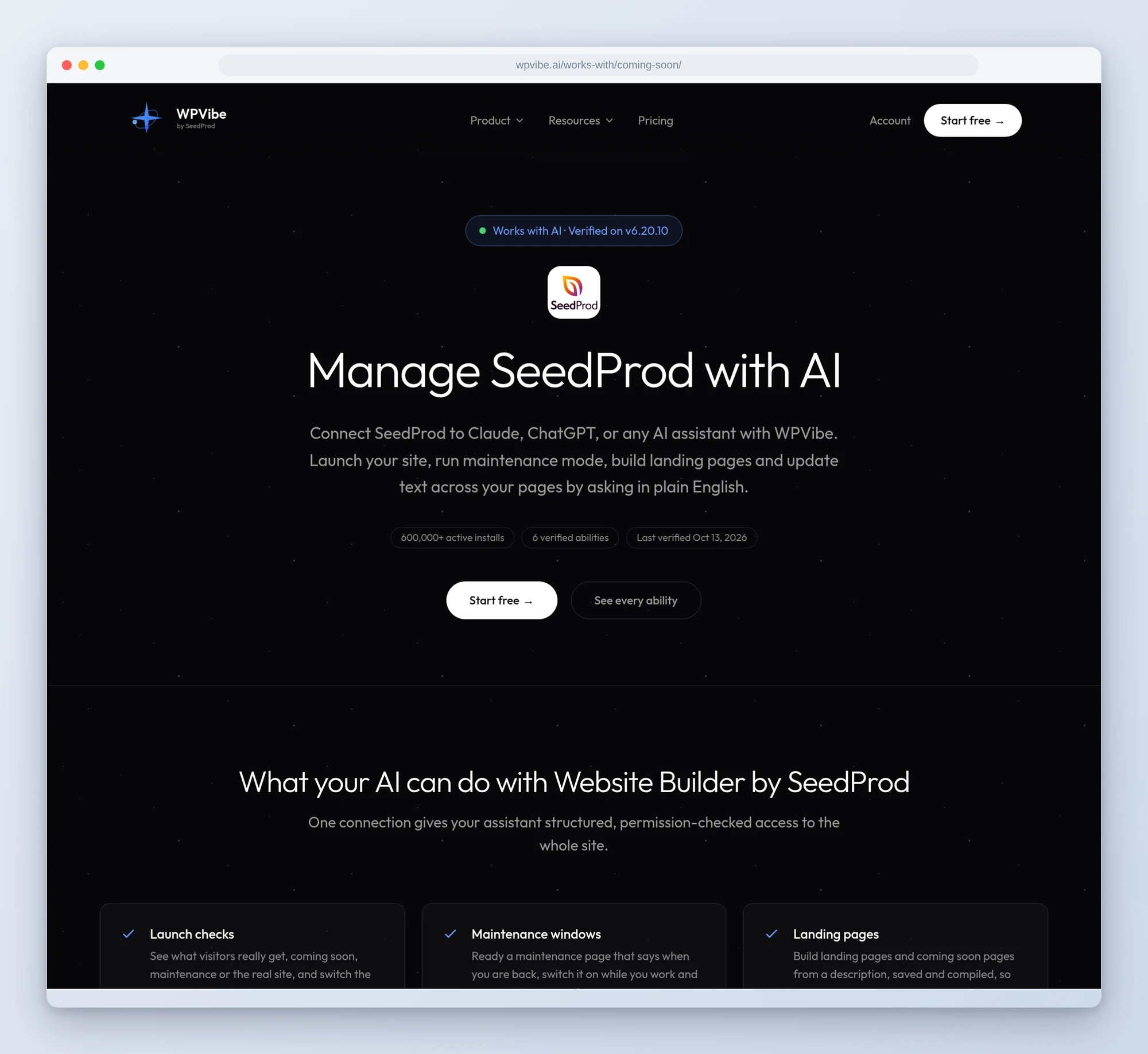 The Manage SeedProd with AI page on wpvibe.ai, verified on v6.20.10, with 6 verified abilities