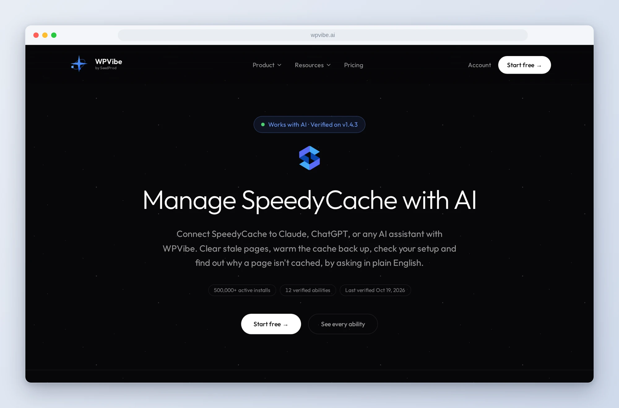 The SpeedyCache works-with page on wpvibe.ai: verified on v1.4.3, 12 verified abilities