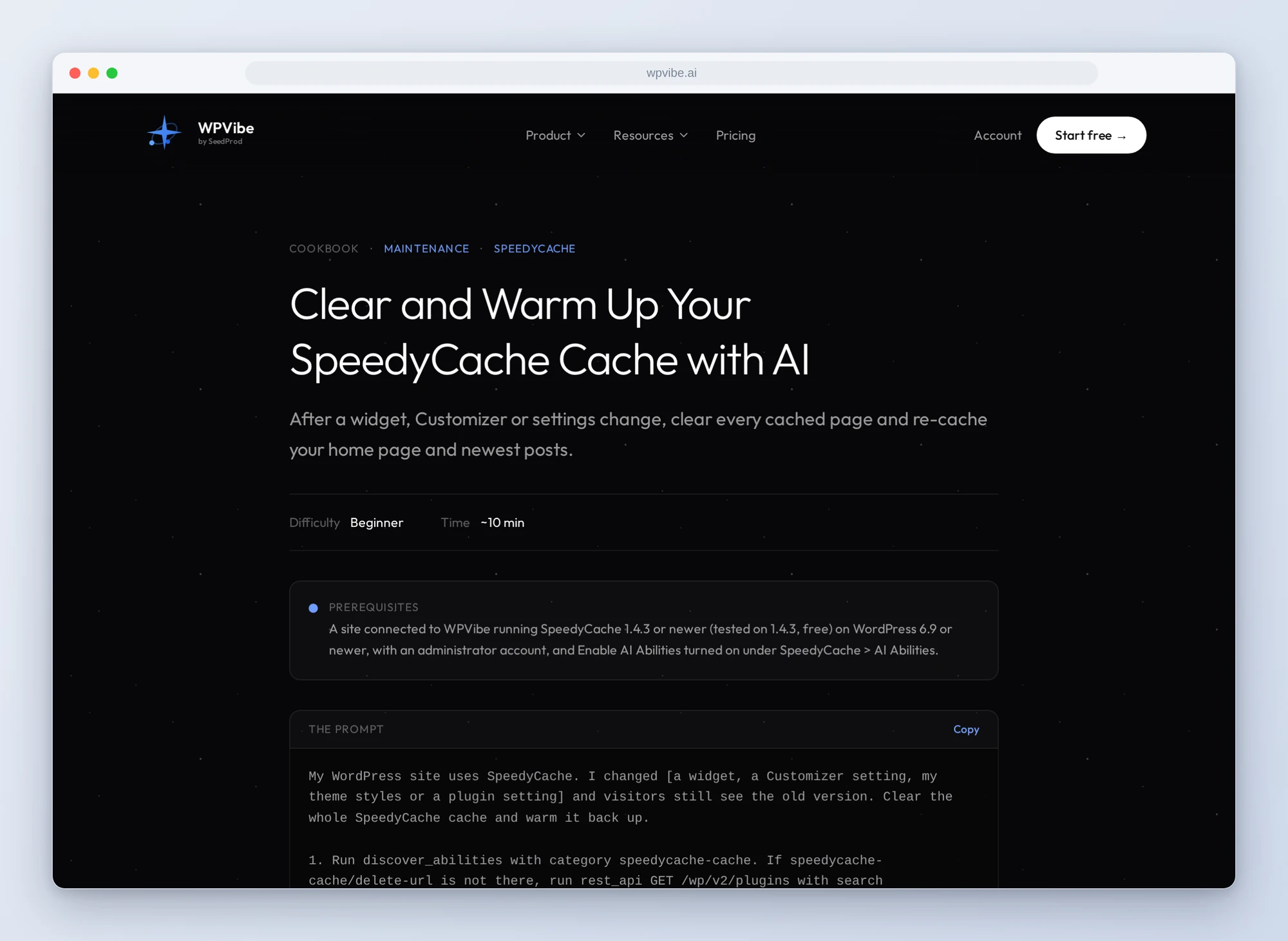 The Clear and Warm Up Your SpeedyCache Cache recipe on wpvibe.ai