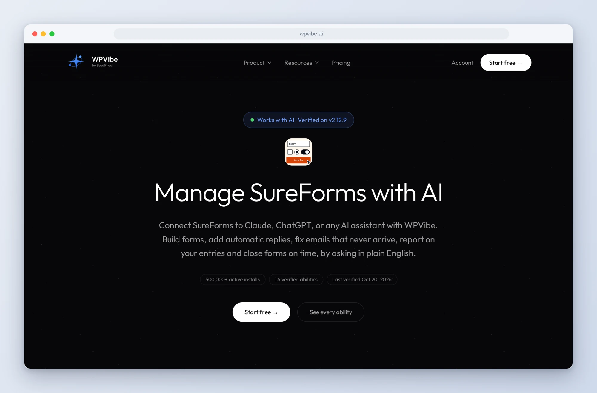 The SureForms works-with page on wpvibe.ai: verified on v2.12.9, 16 verified abilities