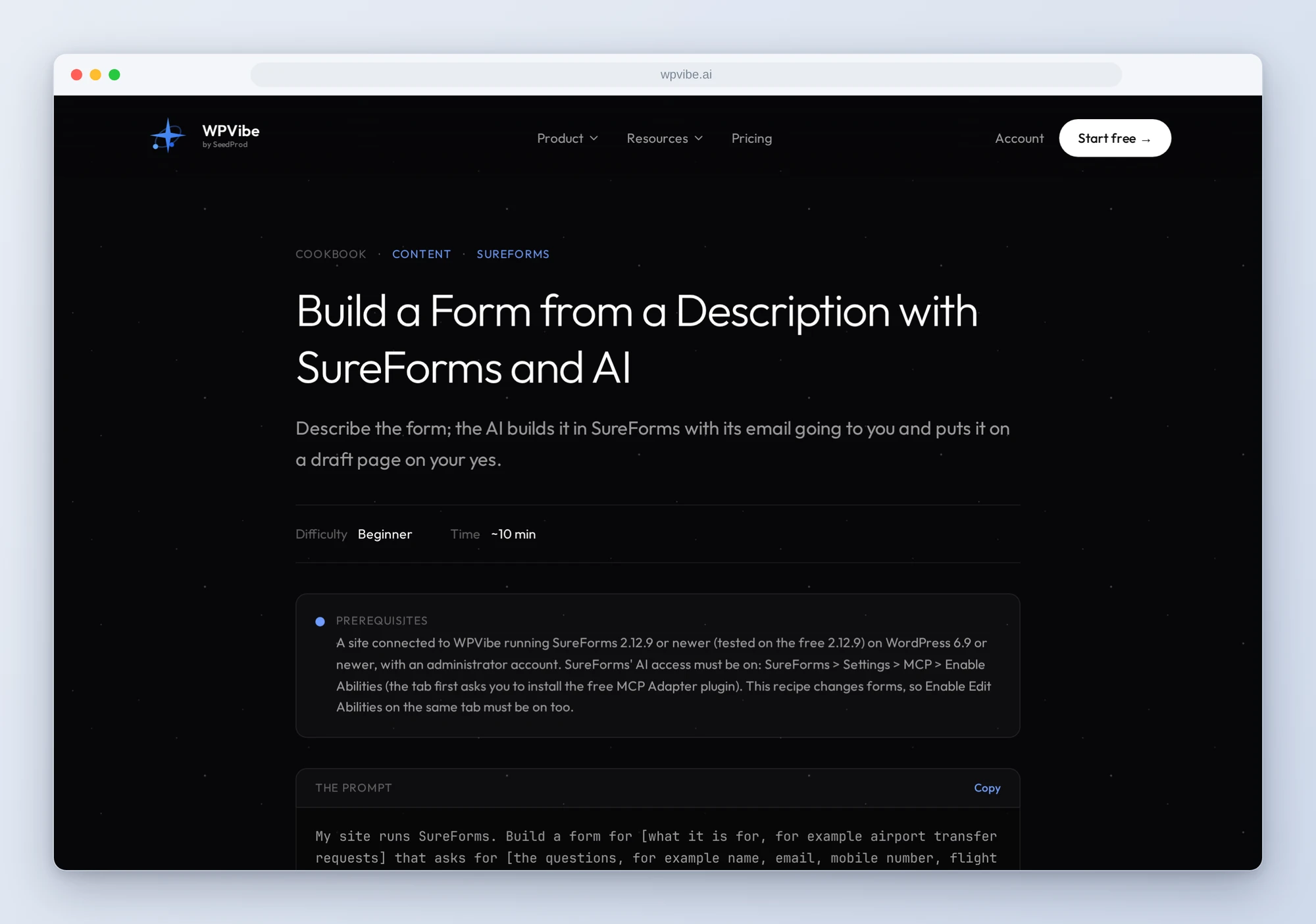 The Build a Form from a Description with SureForms and AI recipe on wpvibe.ai