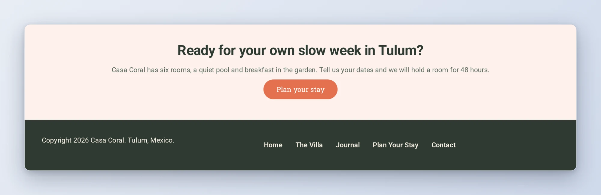 A Plan your stay call to action above a dark green footer with copyright line and menu, both built by AI through Ultimate Addons for Elementor
