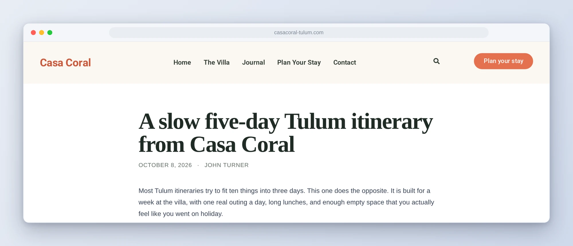 A blog post on a test hotel site with a header built by AI through Ultimate Addons for Elementor: site title, main menu, search icon and a Plan your stay button