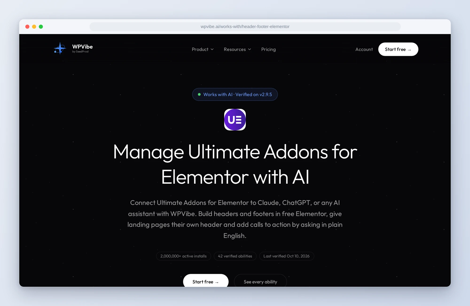 The Manage Ultimate Addons for Elementor with AI page on wpvibe.ai, verified on v2.9.5 with 42 verified abilities