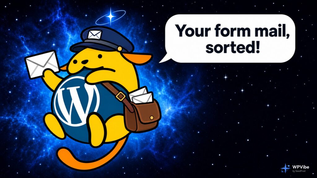 Wapuu dressed as a mail carrier holding an envelope, with the caption Your form mail, sorted