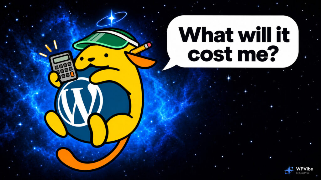 Wapuu in a shopkeeper visor holding a calculator asks: What will it cost me?