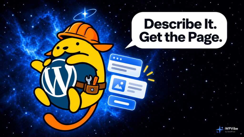 Wapuu in a hard hat with page blocks, saying Describe It. Get the Page.