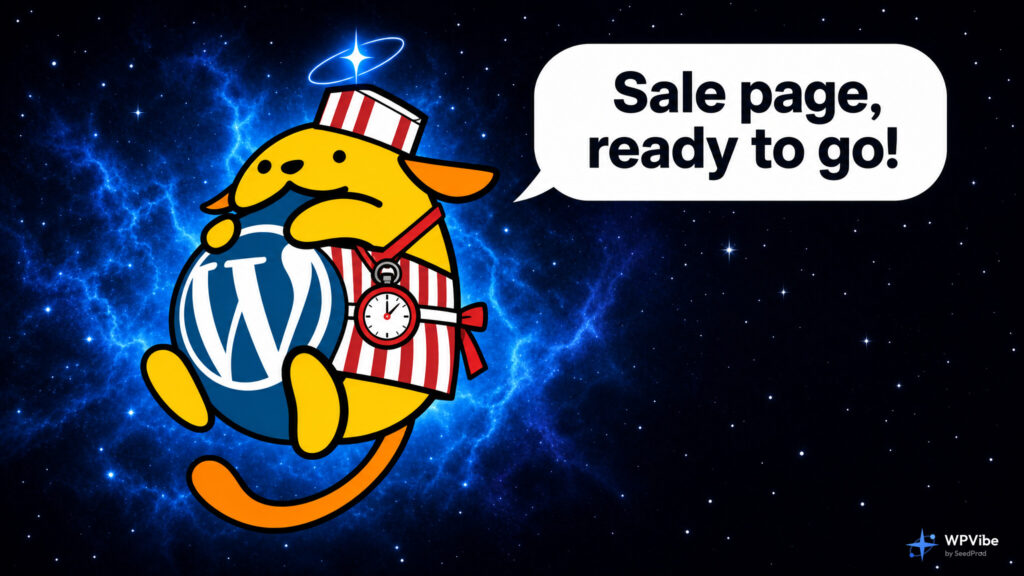 Wapuu in a striped shop apron with a stopwatch, saying Sale page, ready to go!
