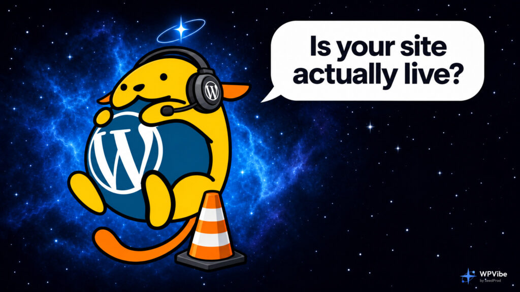 Wapuu in a launch headset beside a traffic cone asks: Is your site actually live?