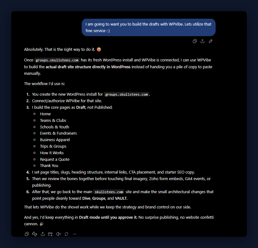 Keith's first instruction for the Groups build, and ChatGPT's plan to keep every page as a draft until he approves it