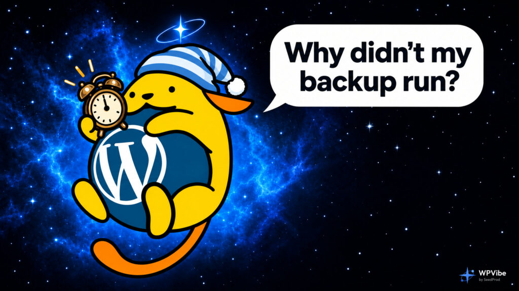 Wapuu in a nightcap holding an alarm clock asks: Why didn't my backup run?