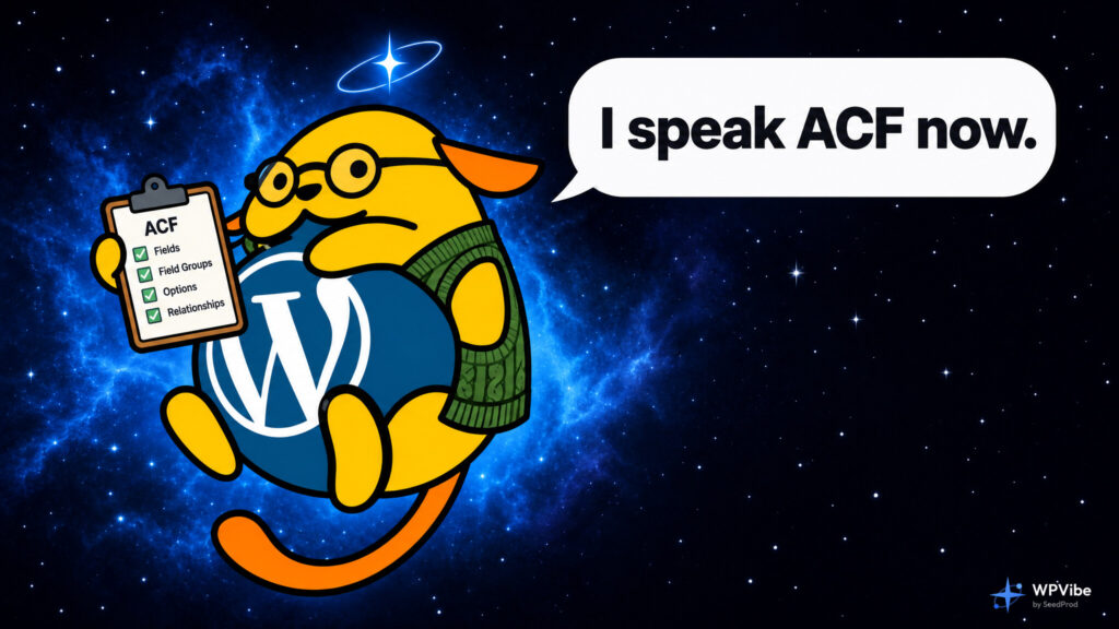Wapuu in reading glasses and a knitted vest holding an ACF clipboard, saying I speak ACF now