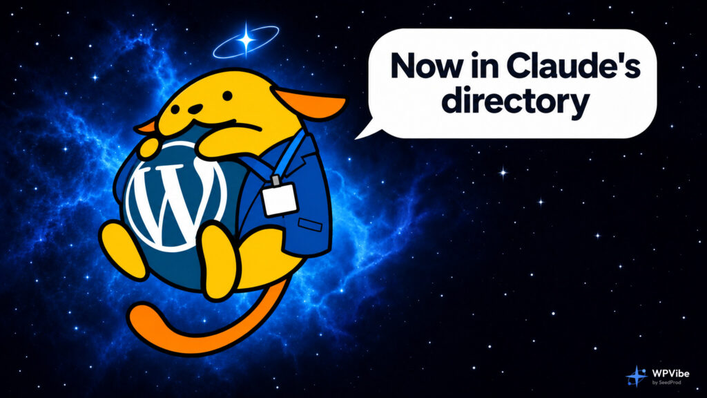 Wapuu in a blue blazer and name badge hugging the WordPress logo, saying: Now in the Claude directory