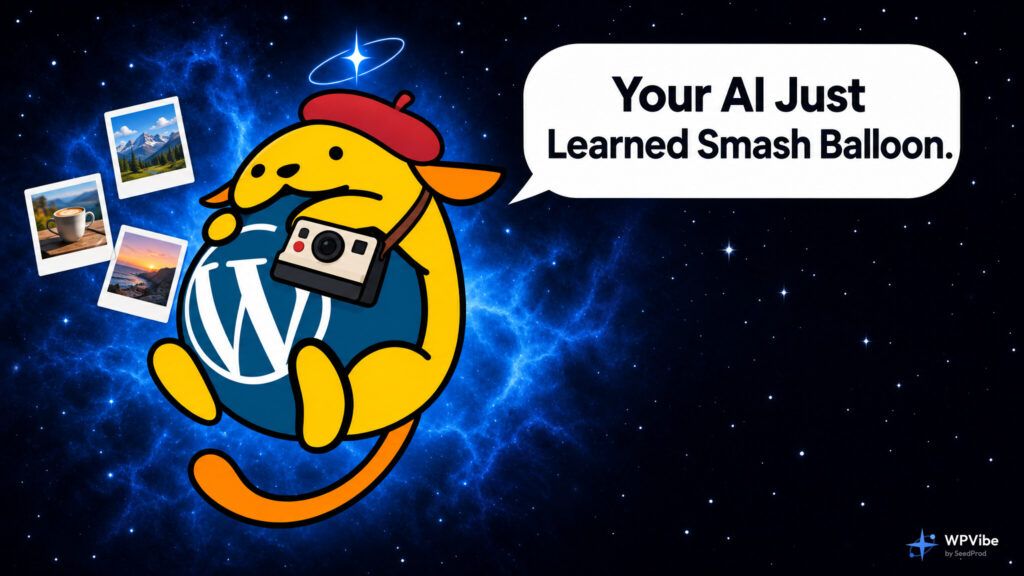 Wapuu in a red beret with an instant camera, beside a speech bubble that says Your AI Just Learned Smash Balloon